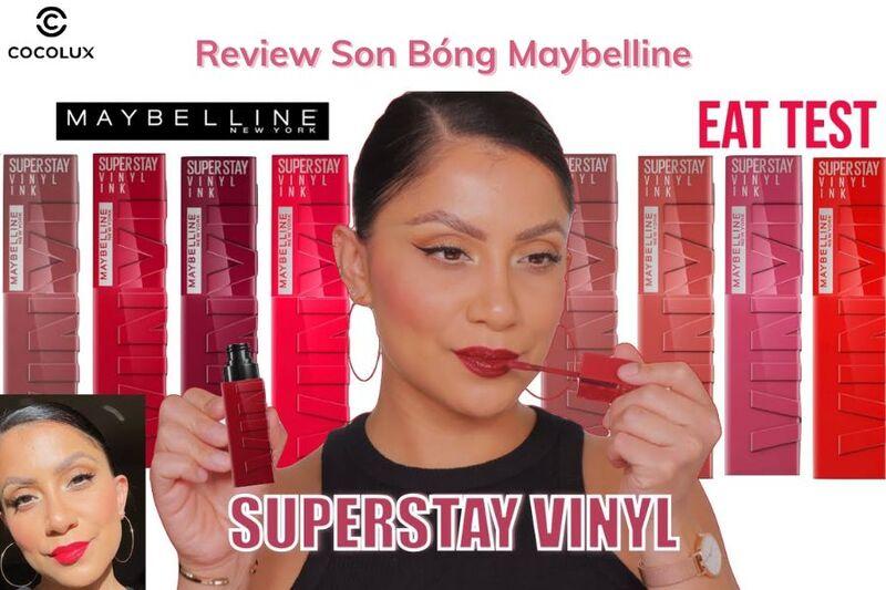 Swatches son Maybelline Vinyl Ink trên các tone da khác nhau, thể hiện sự đa dạng của bảng màu