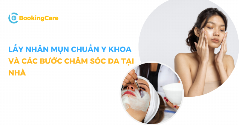 Hình ảnh mô tả từng bước nặn mụn an toàn với dụng cụ chuyên dụng và vệ sinh, bao gồm sát khuẩn, xông hơi, dùng cây nặn mụn và sát khuẩn sau nặn