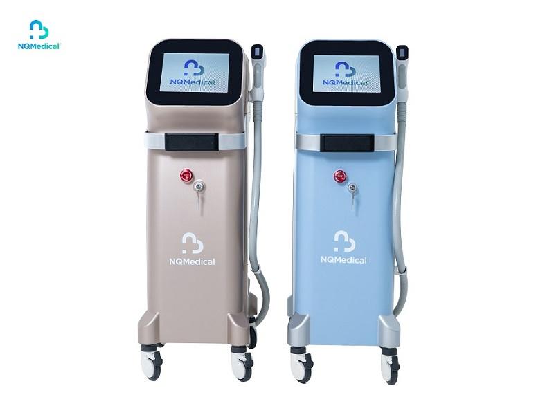 Hình ảnh mô tả cách công nghệ triệt lông Diode Laser tác động đến nang lông dưới da, hiển thị bước sóng laser và melanin.