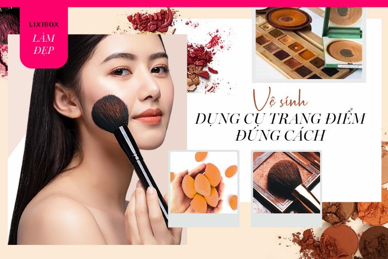 Sơ đồ minh họa các bước vệ sinh cọ trang điểm từ làm ướt, làm sạch, xả nước, vắt khô và phơi cọ đúng cách