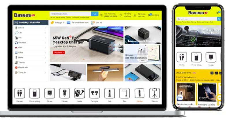 Gian hàng phụ kiện công nghệ tại MINISO gần đây, trưng bày tai nghe, sạc dự phòng và cáp sạc.