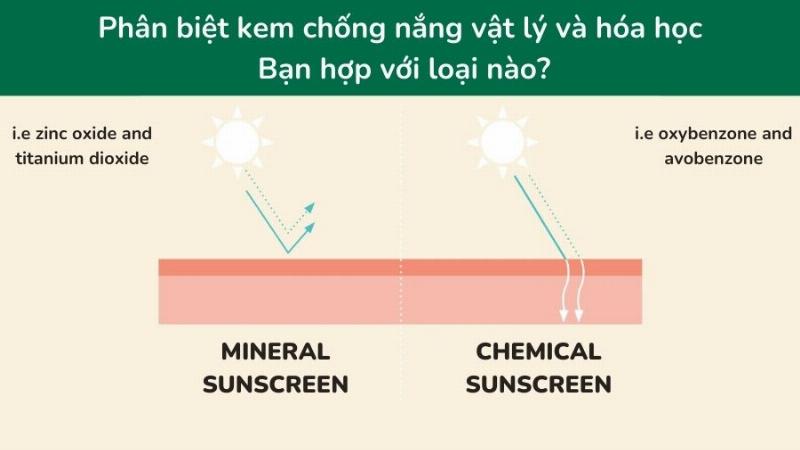 Hình ảnh minh họa các thành phần chống nắng phổ biến (Zinc Oxide, Titanium Dioxide, Avobenzone, Octinoxate) dưới dạng công thức hóa học hoặc cấu trúc phân tử đơn giản