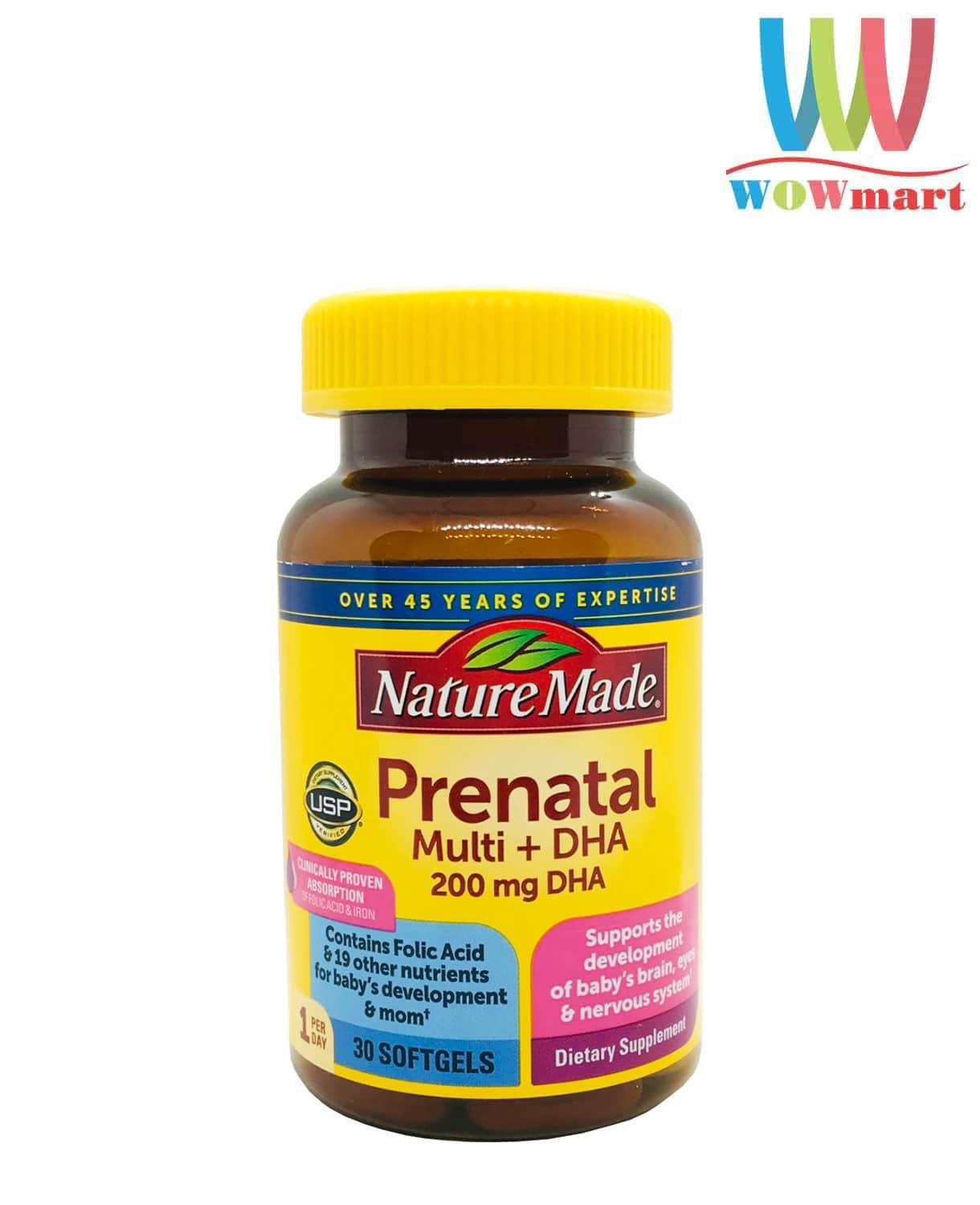 Hình ảnh viên nang mềm **prenatal nature made** Multi + DHA, cho thấy cấu trúc và màu sắc đặc trưng của sản phẩm bổ sung dinh dưỡng cho phụ nữ mang thai.