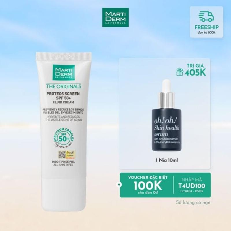 Chống nắng Martiderm The Originals Proteos Screen SPF 50+ với khả năng bảo vệ phổ rộng và dưỡng ẩm.
