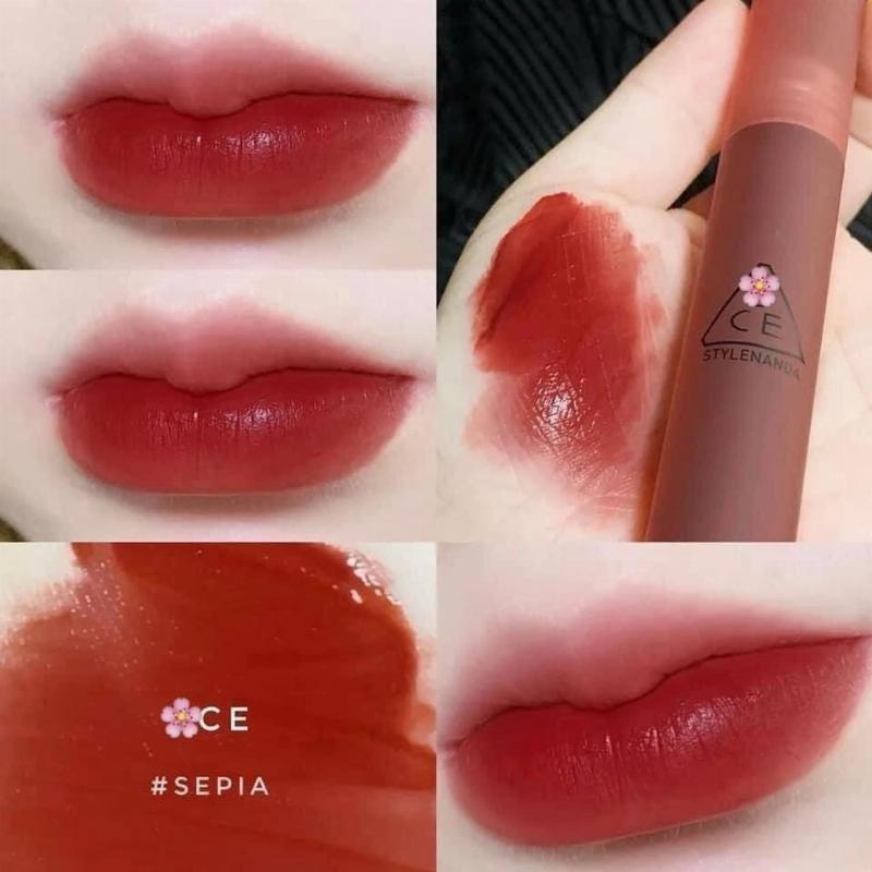 Chất son 3CE Sepia trên môi, lì mịn như nhung